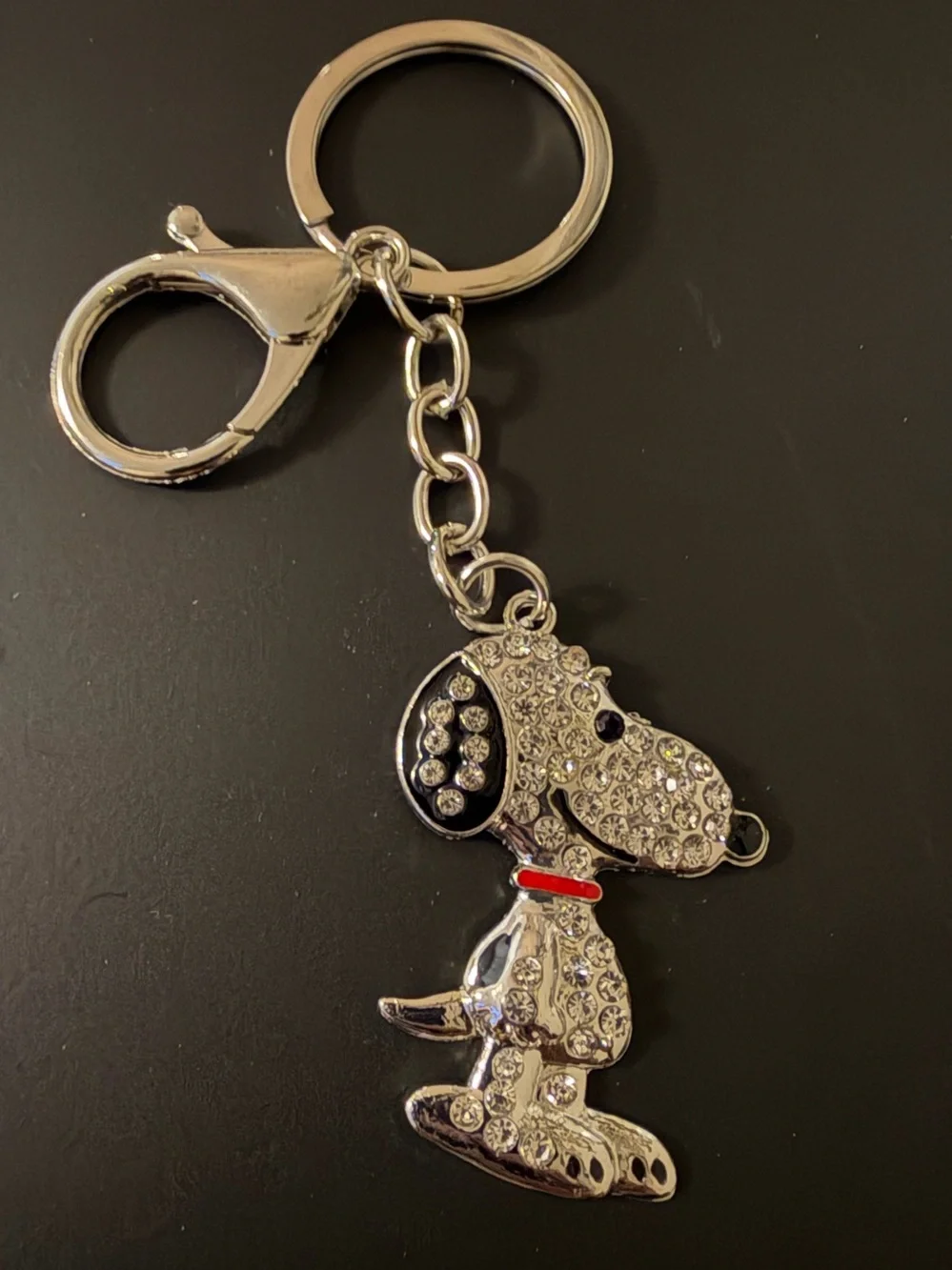 Silver Crystal Snoopy Keychain with Red Collar - Decorative Accessory